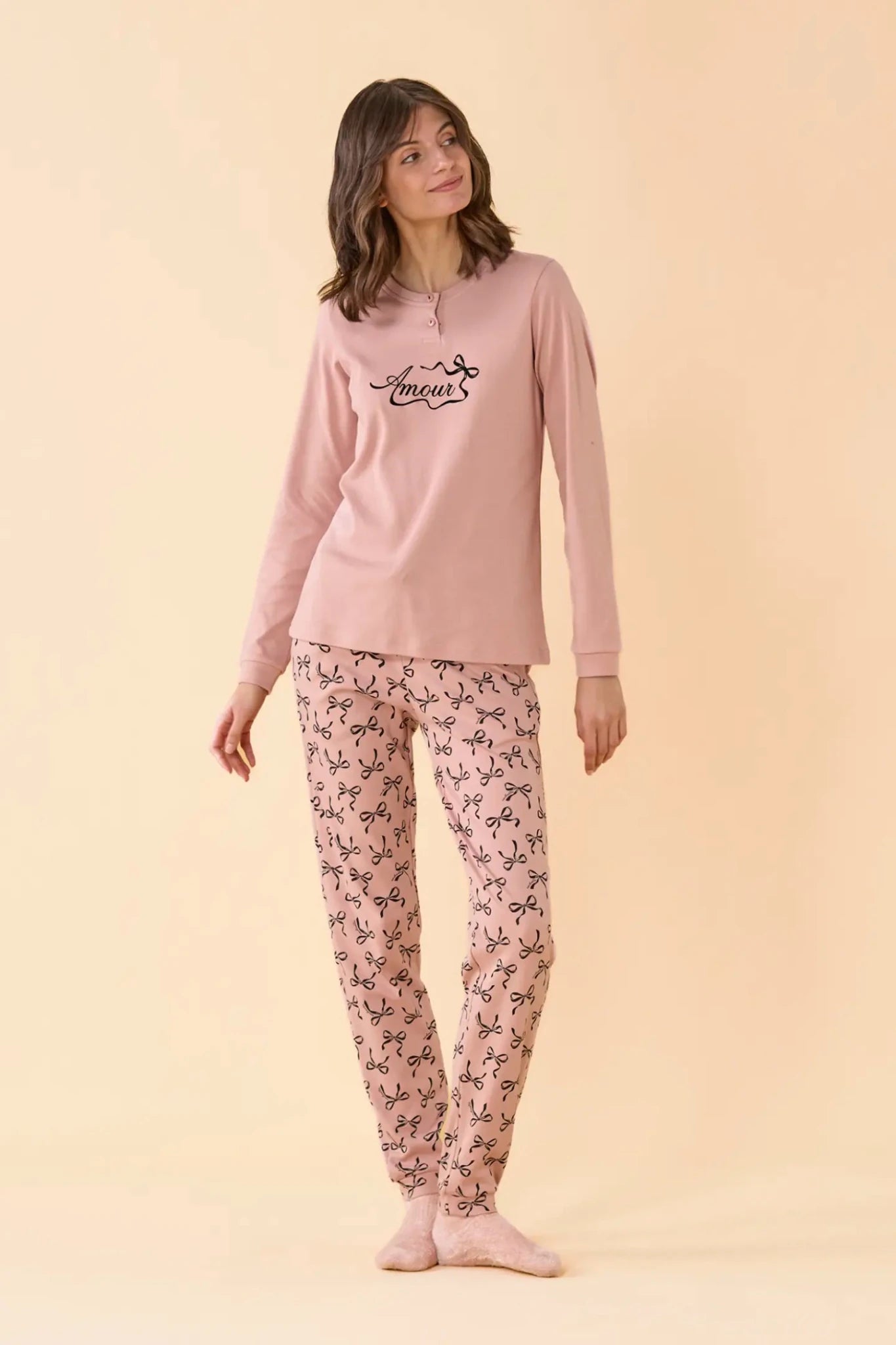 Noi Di Notte Pigiama Serafino Donna Caldo Cotone FA9739 - Biancheria da sogno Pedata
