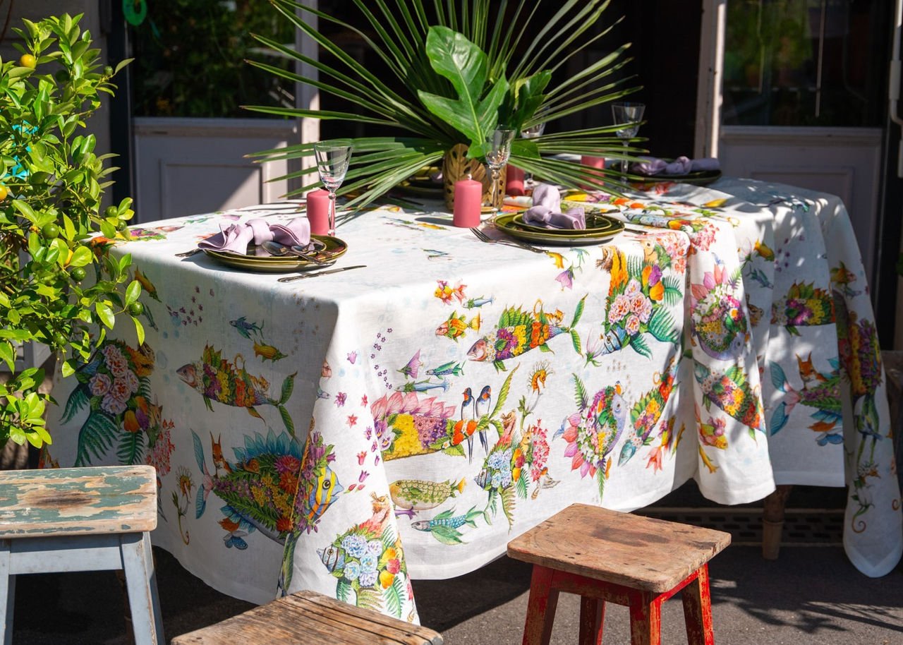 Pesciflora Tovaglia Di Lino Tessitura Toscana 12 posti - Biancheria da sogno Pedata