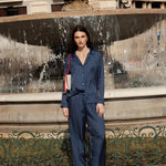 Pigiama Lungo Donna Raso Filo D'Angelo Orchidea Gessato Blu - Biancheria da sogno Pedata