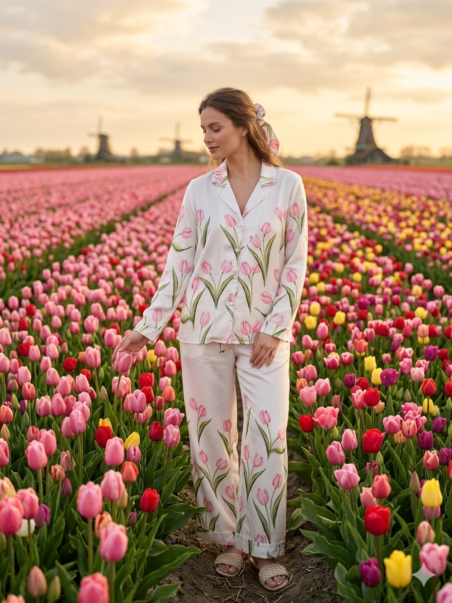 Pigiama Lungo Donna Raso Filo D'Angelo Orchidea Tulipano - Biancheria da sogno Pedata