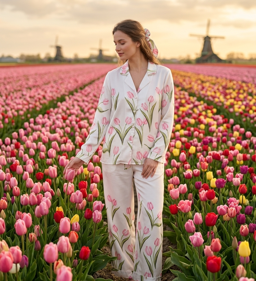 Pigiama Lungo Donna Raso Filo D'Angelo Orchidea Tulipano - Biancheria da sogno Pedata