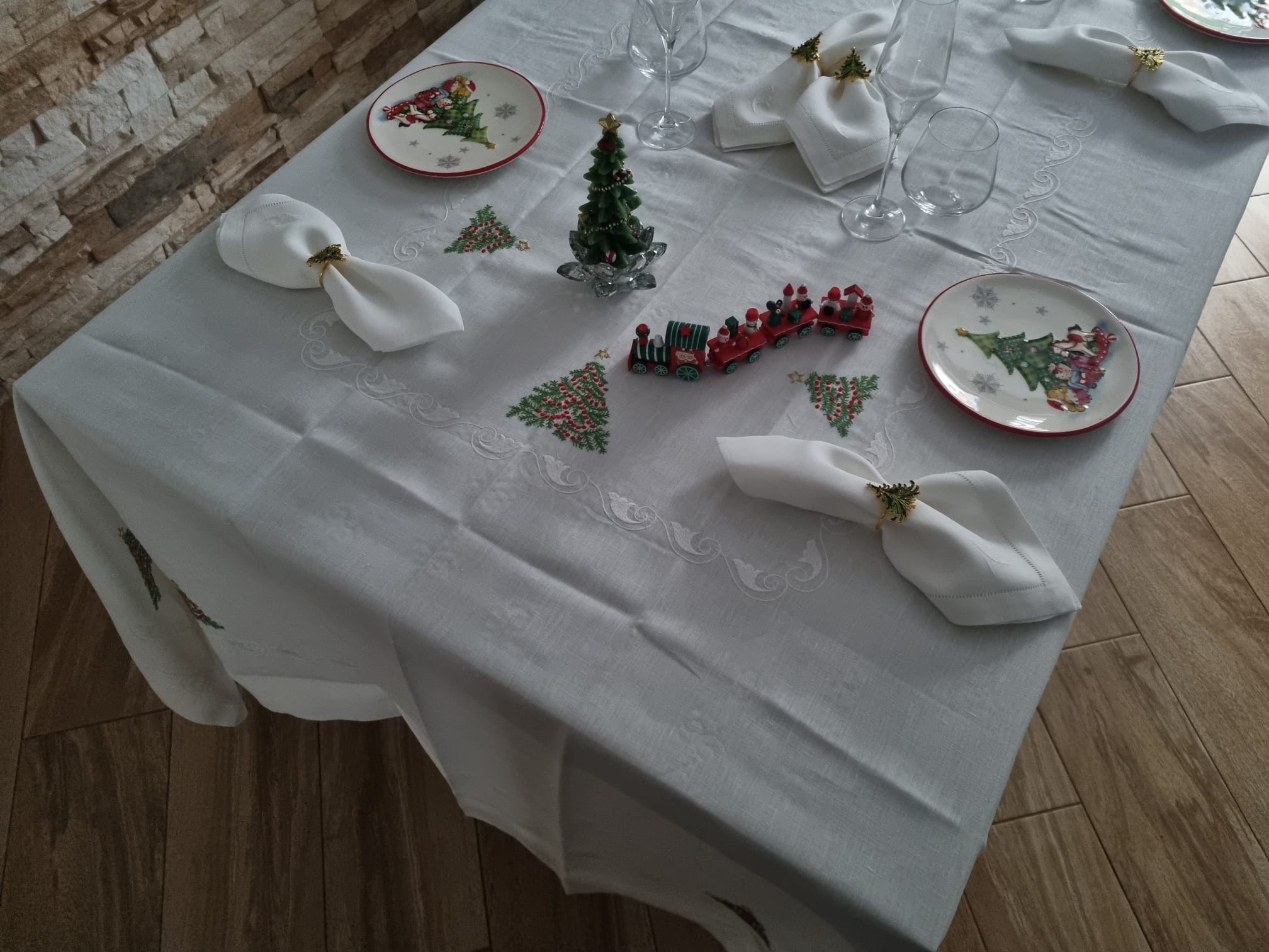 Servizio da Tavola x12 in Lino i Maestri Del Ricamo Albero Di Natale - Biancheria da sogno Pedata