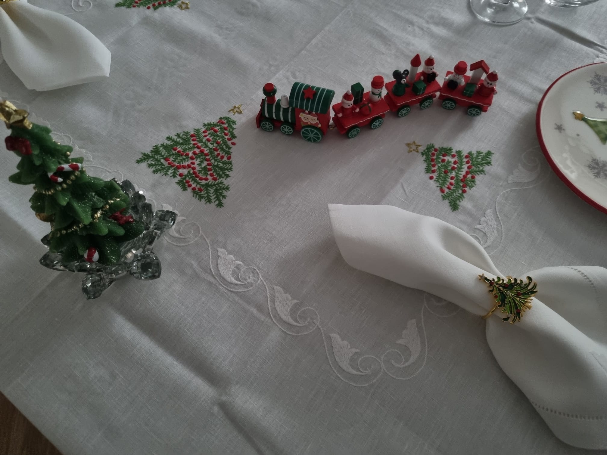Servizio da Tavola x12 in Lino i Maestri Del Ricamo Albero Di Natale - Biancheria da sogno Pedata