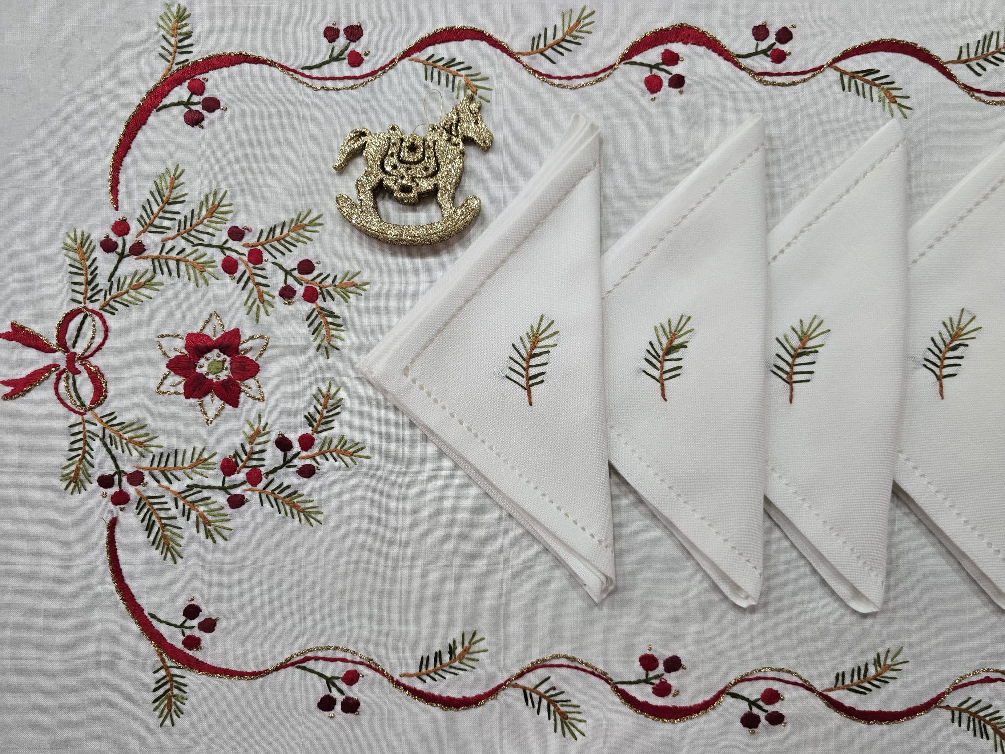 Tovaglia x12 in Lino I Maestri Del Ricamo Fiocco Di Natale - Biancheria da sogno Pedata