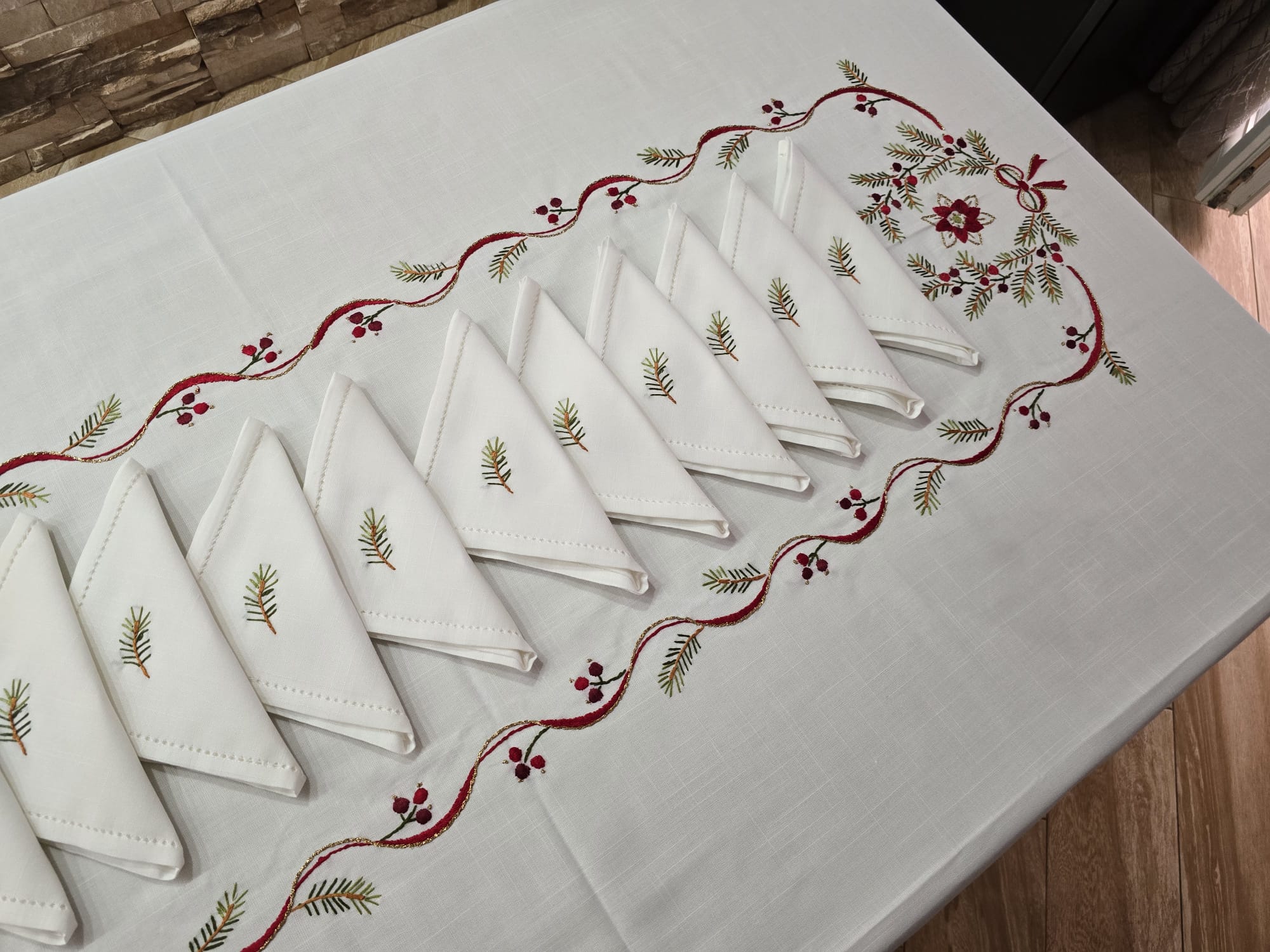 Tovaglia x12 in Lino I Maestri Del Ricamo Fiocco Di Natale - Biancheria da sogno Pedata